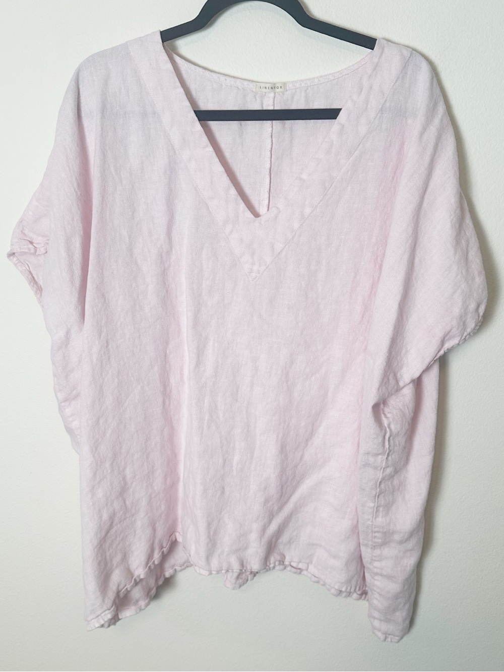 Linenfox 100% Linen Brie Top Blouse Boxy Fit V Neck Pale Light Pink Large